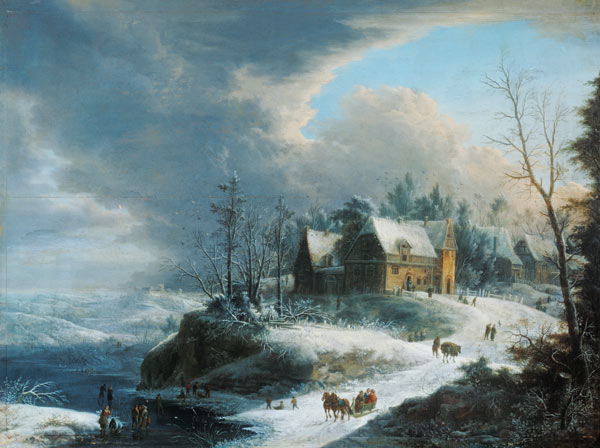 Winter landscape with a small village over a river having been cold. from Johann Christian Vollerdt