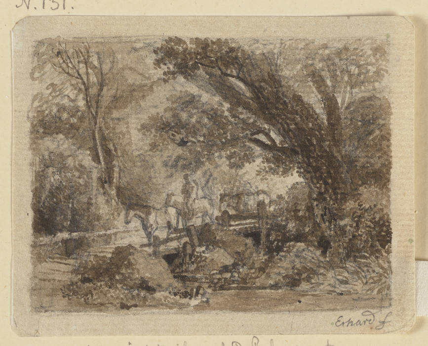 Waldpartie mit einer Brücke, über die drei Pferde und ein Reiter gehen from Johann Christoph Erhard