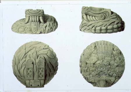 Depiction in stone of the Feathered Serpent God Quetzalcoatl, plate 48 from 'Ancient Monuments of Me from Johann Friedrich Maximilian von Waldeck