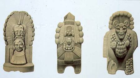Three terracotta figures from Palenque and Ococingo, plate 47 from 'Ancient Monuments of Mexico', en from Johann Friedrich Maximilian von Waldeck
