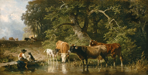 Guardian boy with cows at the watering-place from Johann Friedrich Voltz