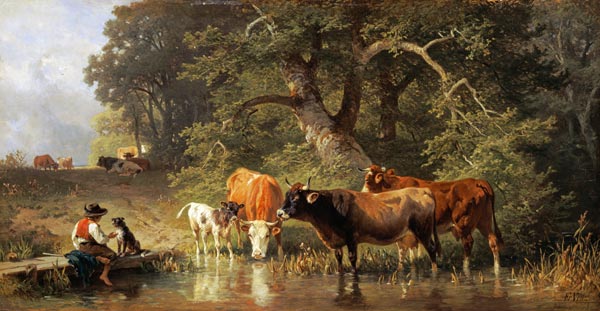 Cattle watering at a woodland pond from Johann Friedrich Voltz