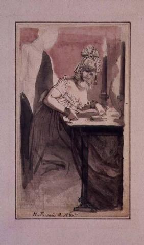 A Courtesan at her Dressing Table (pen & ink and watercolour on paper)