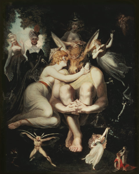 Titania Awakes, Surrounded by Attendant Fairies, clinging rapturously to Bottom, still wearing the A from Johann Heinrich Füssli