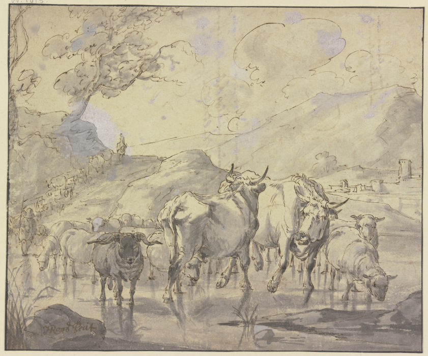 Eine Herde von Rindern und Schafen kommt einen Bergpfad herab zur Tränke from Johann Heinrich Roos