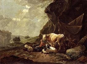 Shepherds and herds under rocks from Johann Heinrich Roos