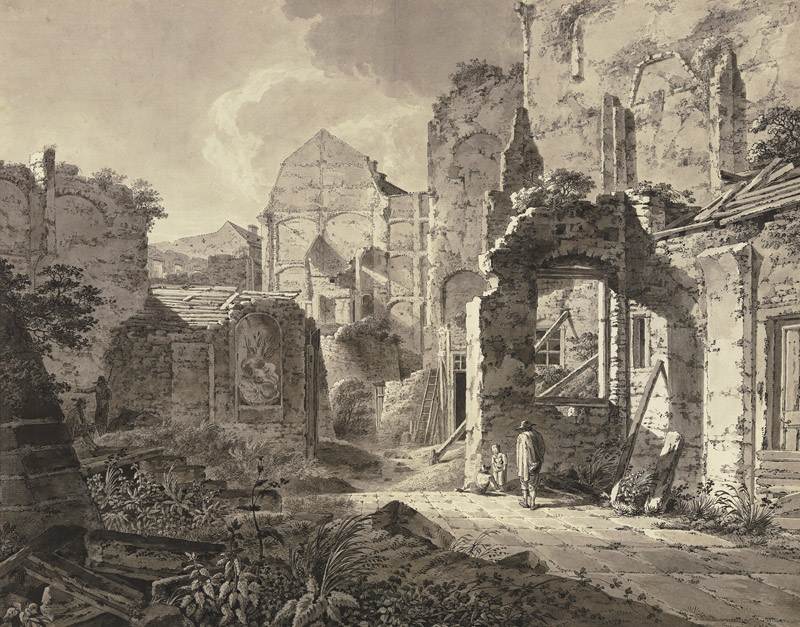 Großes verfallenes Gebäude, rechts ein Mann mit zwei Kindern, links ein Maler from Johann Heinrich Troll