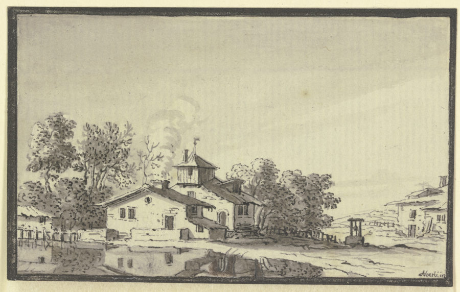 Bauernhof, von Bäumen umgeben, am Ufer eines Teiches from Johann Ludwig Aberli