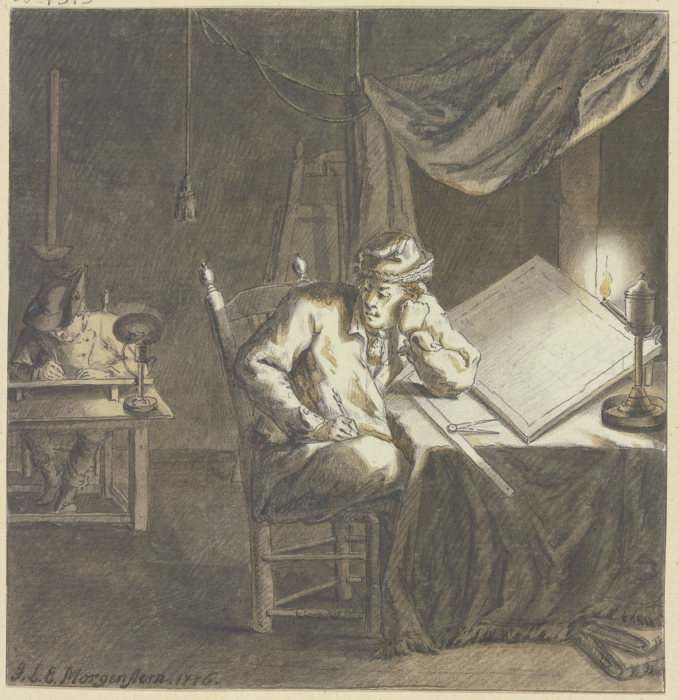 Maler und Geselle im Atelier bei Lampenlicht an ihren Zeichentischen arbeitend from Johann Ludwig Ernst Morgenstern