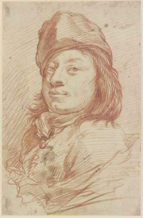 Brustbild eines Mannes mit Mütze und langem Haar im Dreiviertelprofil nach links from Johann Melchior Roos