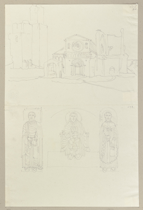 Ansicht der Kirche San Pietro in Tuscania sowie Relieffiguren an der Fassade von Santa Maria Maggior from Johann Ramboux