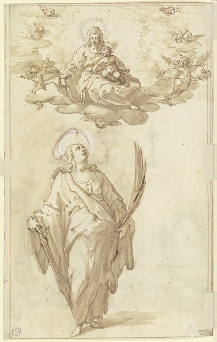 Die Heilige Katharina mit der Palme und dem Schwert, oben in den Wolken Maria mit dem Jesuskind und  from Johann Rottenhammer