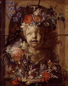 Child bust in niche adorned with flowers