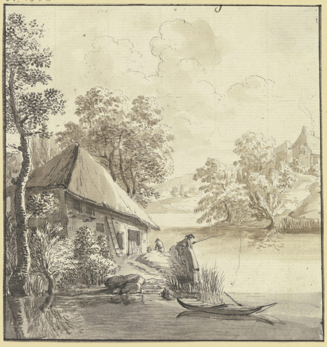 Bauernhaus am Wasser, davor ein Angler from Johann Ulrich Schellenberg