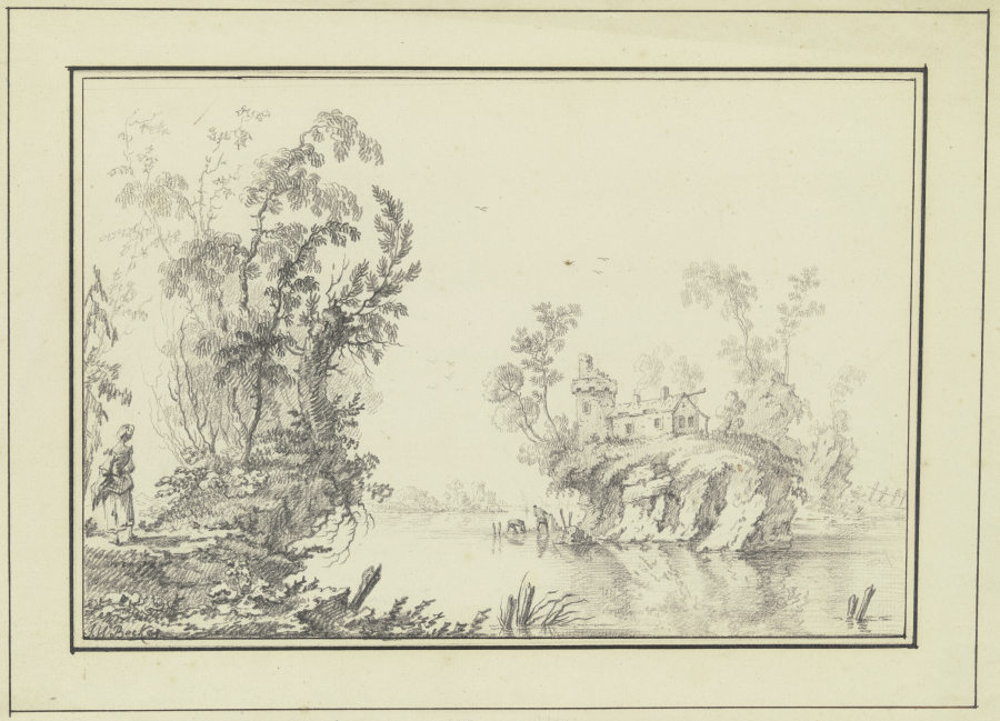 Ein Fluß, darin eine Felseninsel mit Turm, Haus und Bäumen from Johann Wilhelm Becker