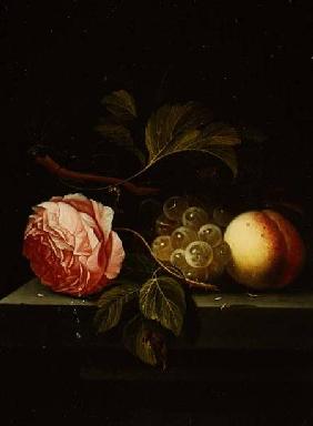 A Still Life with a Rose, Grapes and Peach