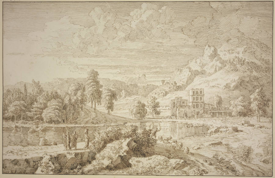Italienische Landschaft mit Gebäude, auf dem Weg ein Hirte mit Schafen, links drei Figuren from Johannes Glauber