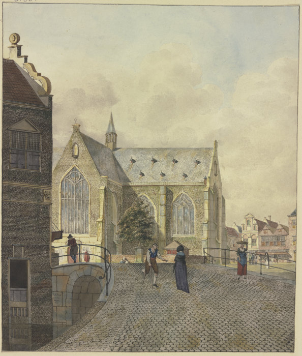 Kirche bei einer Brücke, ein lahmer Bettler bei einer Dame from Johannes Huibert Prins