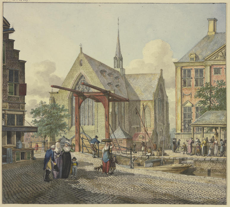 Schleusentor bei einer Kirche, links eine verschleierte Dame, ein Offizier und eine Dame mit einem K from Johannes Huibert Prins