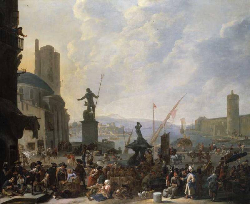 Ein Capriccio eines mediterranen Hafens mit zahlreichen Figuren, Berninis Triton-Brunnes und ein Cap from Johannes Lingelbach