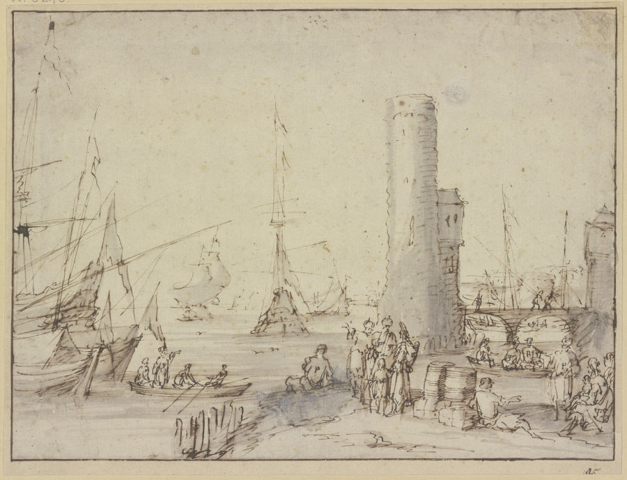 Ein Hafen mit einem Leuchtturm, im Vordergrund figürliche Staffage, unter anderem eine Gruppe von zw from Johannes Lingelbach
