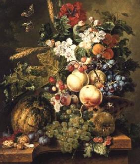 Fruit and Flowers on a Marble Ledge