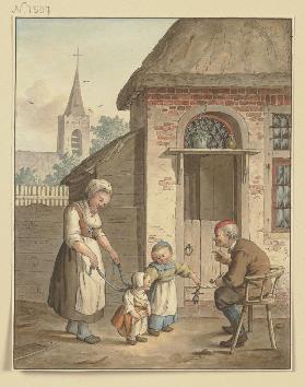 Vor der Haustür sitzt ein alter Mann, dabei eine Magd und zwei Kinder