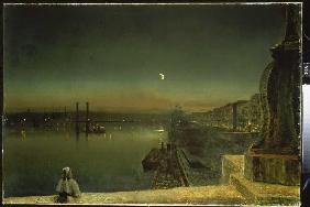 Look on the evening port of Rouen of the bridge's piece of Pierre