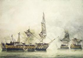 H.M.S. Victory at the Battle of Trafalgar, 1805, (w/c)