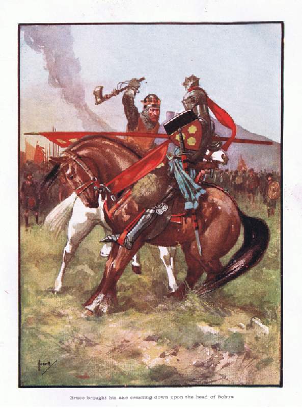 Bruce brought his battle axe crashing down on the head of Bohun, 1910 (colour litho) from John Hassall