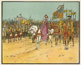 Elizabeth I reviews the troops at Tilbury (colour litho)