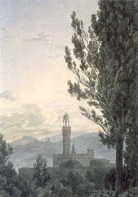 The Palazzo Vecchio from the Boboli Gardens, Florence  & pencil on