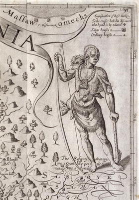 Susquehannock warrior, detail from Map of Virginia, engraved by William Hole (fl. 1607-24), publishe from John Smith