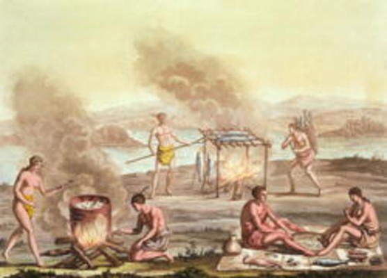 Indigenous natives from Florida preparing and cooking food (engraving) from John White