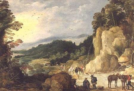 A Mountain Landscape with a Waterfall and Travellers at a Ford from Joos de Momper