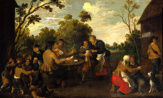 Card playing smallholders and scrapping children in front of a farmhouse. from Joost Cornelisz Droochsloot