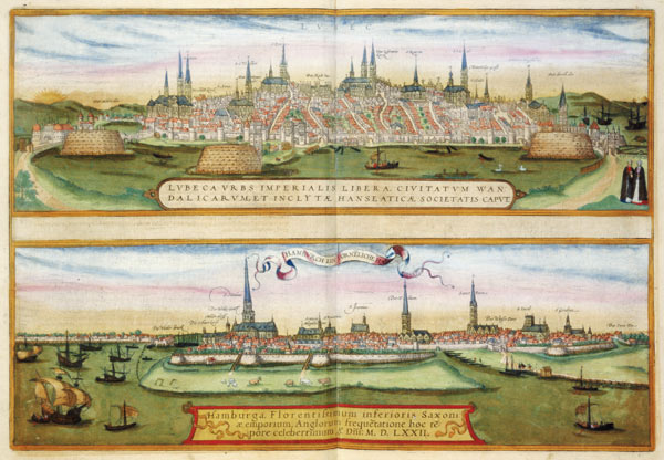 Map of Lubeck and Hamburg, from 'Civitates Orbis Terrarum' by Georg Braun (1541-1622) and Frans Hoge from Joris Hoefnagel