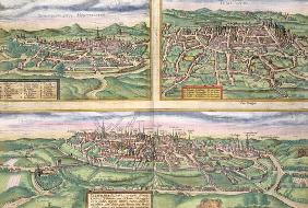 Map of Montpellier, Tours, and Poitiers, from 'Civitates Orbis Terrarum' by Georg Braun (1541-1622)