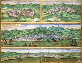 Map of Parma, Siena, Palermo, and Drepanum, from 'Civitates Orbis Terrarum' by Georg Braun (1541-162