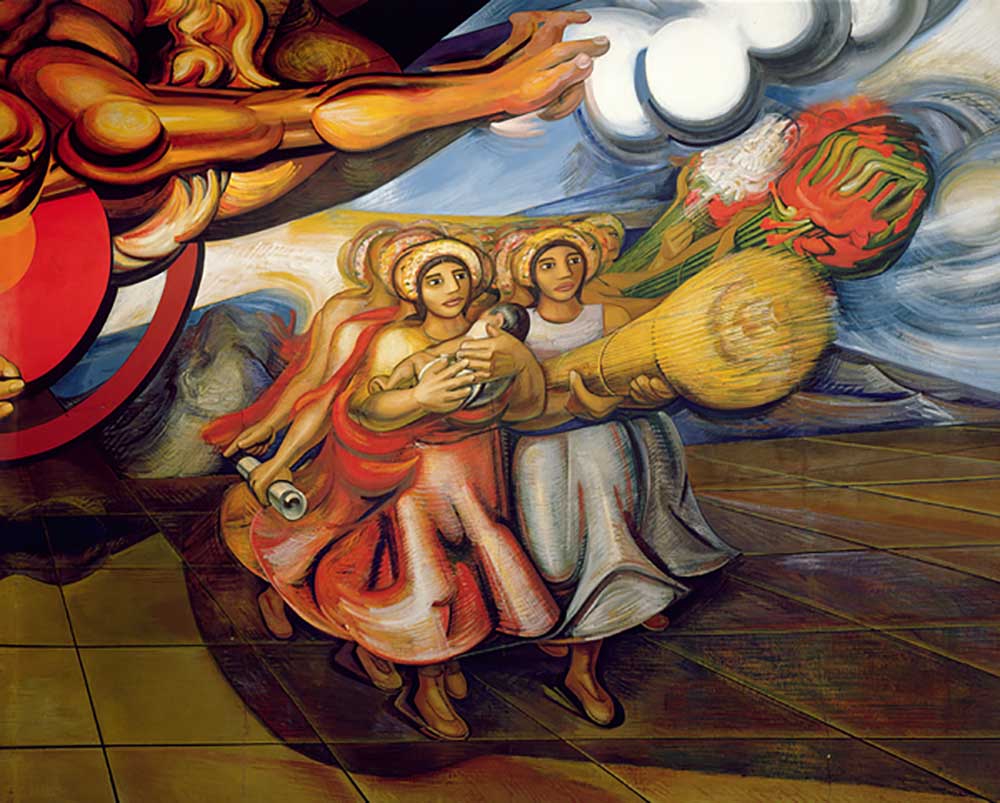 Mexican women, with their children and the products of their labour, marching to demand their rights from José Clemente Orozco