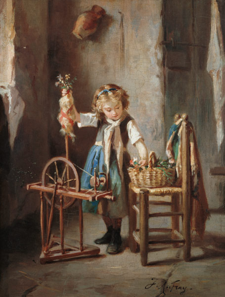 By the Spinning Wheel (panel) from Joseph-Athanase Aufray