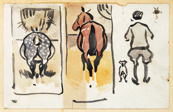 A page from a scrapbook containing 43 sketches from Joseph Crawhall