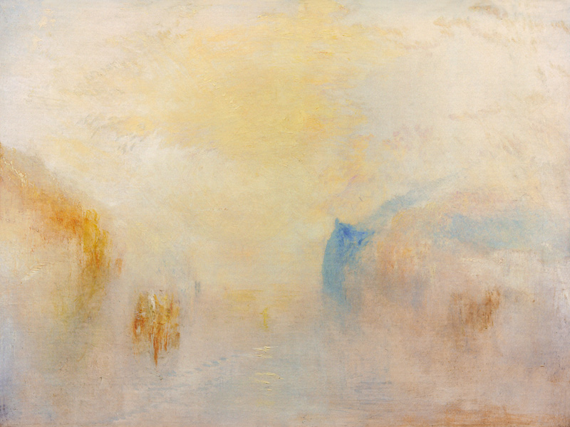 Sunrise with a boat between spits of land from William Turner
