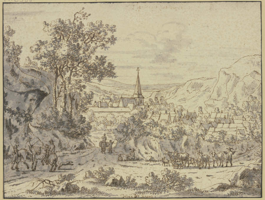 Landschaft mit Dorf, im Vordergrund Reiter und eine Viehherde mit Hirte from Josua de Grave