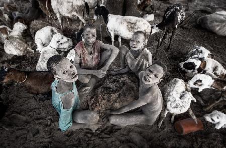 Children at a mundari cattle camp.