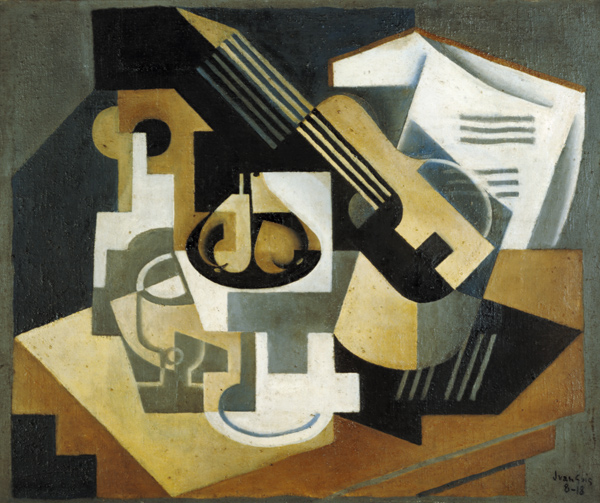 Guitar and compote bowl on a table. from Juan Gris