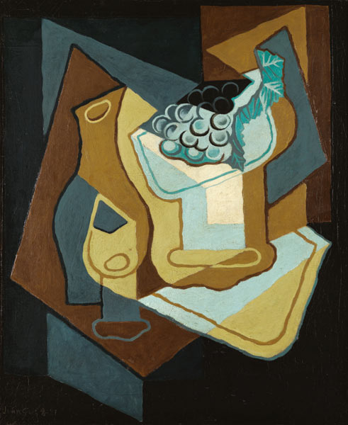 Bottle, glass and bowl with grapes from Juan Gris