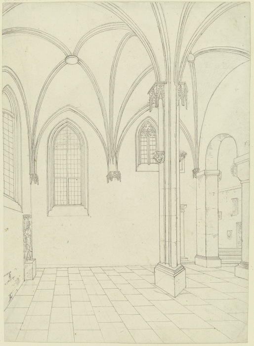 Inneres einer gotischen Kirche, links ein Grabstein mit einem Ritter, rechts einige Stufen from Karl Ballenberger