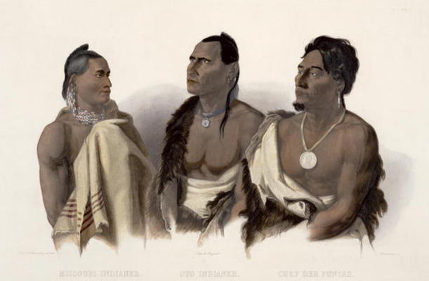 A Missouri Indian, an Oto Indian and the Chief of the Puncas, plate 7 from 'Travels in the Interior from Karl Bodmer