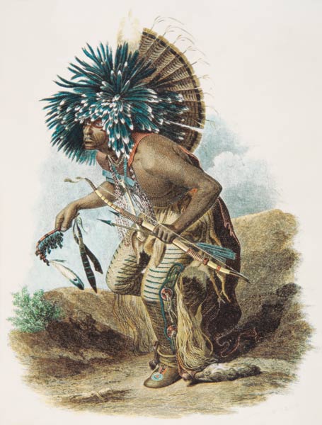 Medicine man of the Mandan tribe in the costume of the Dog Dance, 1834 (colour litho) from Karl Bodmer